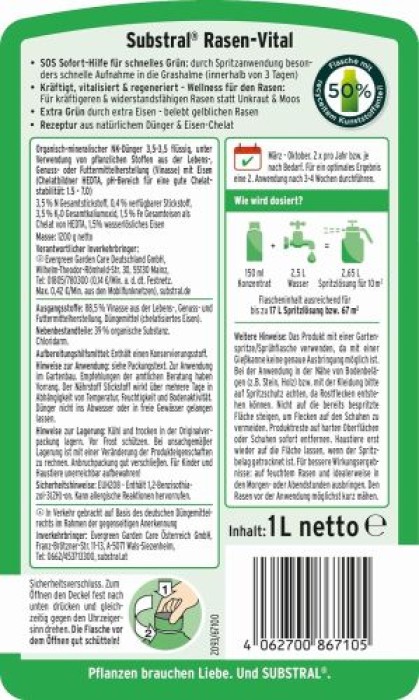 Substral Rasen-Vital, SOS Sofort-Hilfe für schnelles Grün auf Rasenflächen, 1Liter, 67100