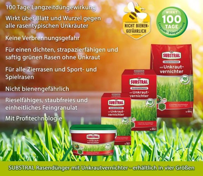 Substral Rasendünger mit Unkrautvernichter, 100 Tage Langzeitwirkung, 2kg für 100m² 8538