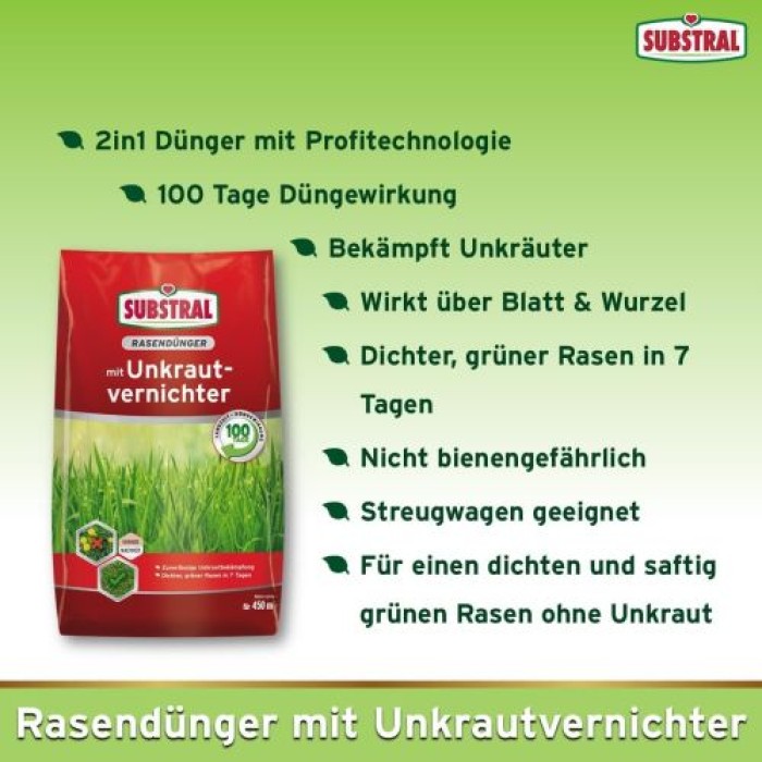 Substral Rasendünger mit Unkrautvernichter, 100 Tage Langzeitwirkung, 450 m², 9 kg, 8344, Pfl.Reg.Nr. 2786-0