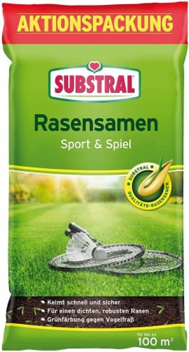Substral Rasensamen Sport und Spiel, strapazierfähige Rasensaat-Mischung mit Grünfärbung gegen Vogelfraß, 2kg, 100m², Blau 2kg - 100qm Single 87971