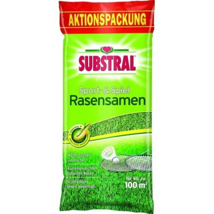 Substral Rasensamen Sport und Spiel, strapazierfähige Rasensaat-Mischung mit Grünfärbung gegen Vogelfraß, 2kg, 100m², Blau 2kg - 100qm Single 87971