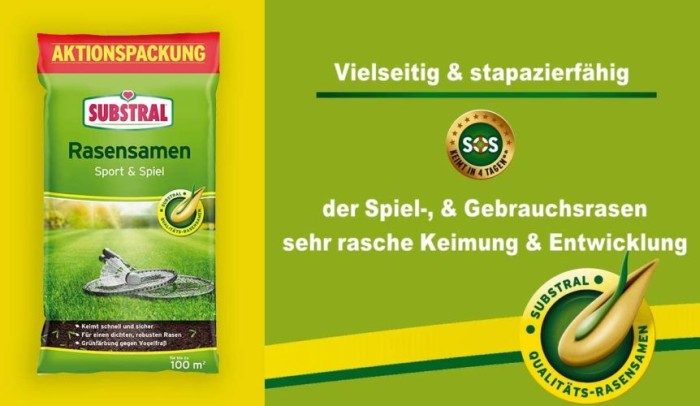 Substral Rasensamen Sport und Spiel, strapazierfähige Rasensaat-Mischung mit Grünfärbung gegen Vogelfraß, 2kg, 100m², Blau 2kg - 100qm Single 87971