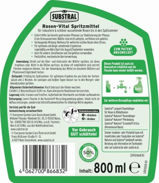 SUBSTRAL ROSEN-VITAL Spritzmittel, Spray zur Sofort-Hilfe bei bereits gestressten Pflanzen, 800ml, 66830