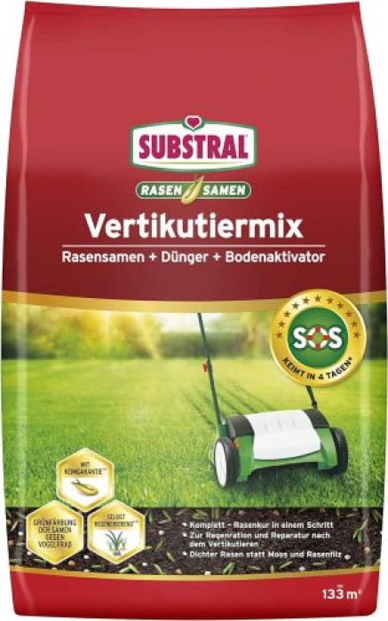 Substral Vertikutiermix Rasenreparatur-Mischung aus Rasensamen, Rasendünger und Bodenaktivator, für 133 m² kg, 4 kg Sack, 86931