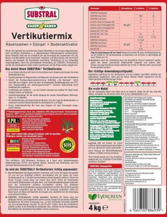 Substral Vertikutiermix Rasenreparatur-Mischung aus Rasensamen, Rasendünger und Bodenaktivator, für 133 m² kg, 4 kg Sack, 86931