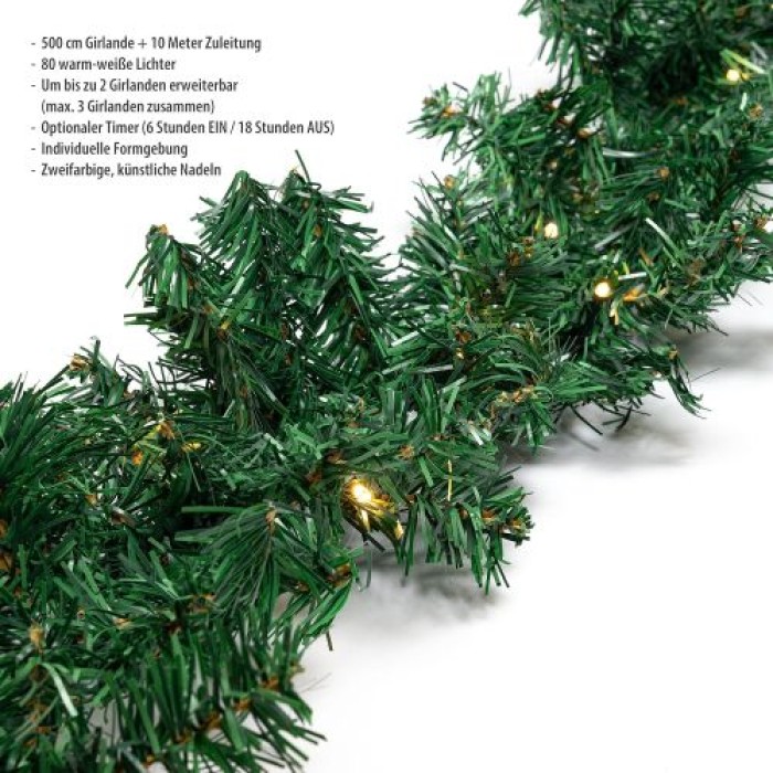Tannengirlande 5 Meter mit 80 LED beleuchtet, inkl. 10 Meter Zuleitung, für Innen & Außen geeignet, warmweiß, 40288
