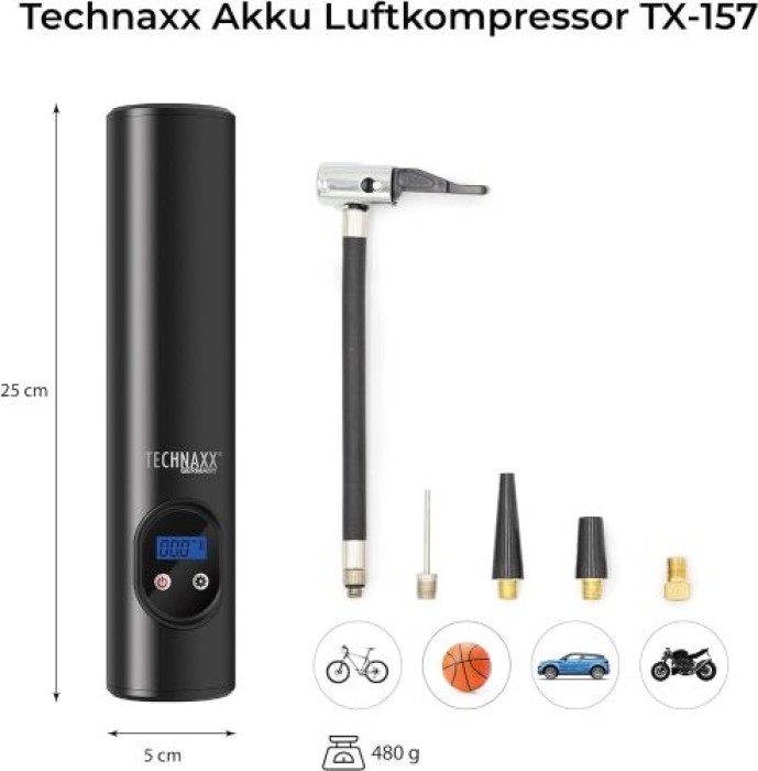 Technaxx Akku Kompressor für Auto, Fahrrad, Motorrad, Bälle – mit 6000 Li Ion Akku, integrierter Arbeitsleuchte mit 6 LED`s, 4906