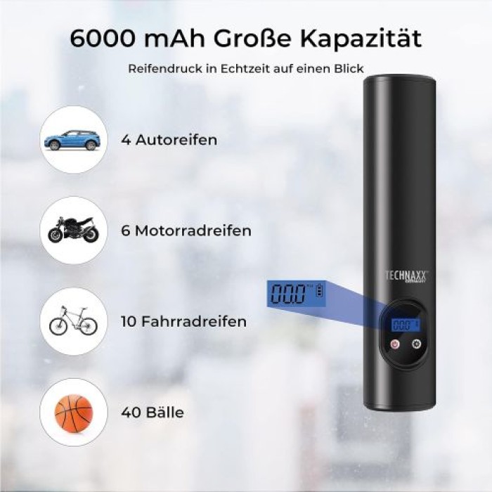 Technaxx Akku Kompressor für Auto, Fahrrad, Motorrad, Bälle – mit 6000 Li Ion Akku, integrierter Arbeitsleuchte mit 6 LED`s, 4906