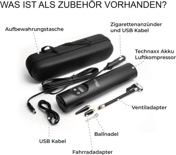 Technaxx Akku Kompressor für Auto, Fahrrad, Motorrad, Bälle – mit 6000 Li Ion Akku, integrierter Arbeitsleuchte mit 6 LED`s, 4906