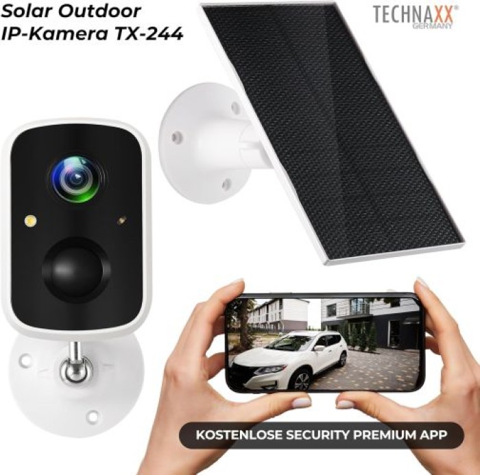 Technaxx Solar Outdoor IP-Kamera, mit Bewegungsmelder & eingebauter Batterie, IP65, Nachtsicht, Betrachtungswinkel 110°, 5070