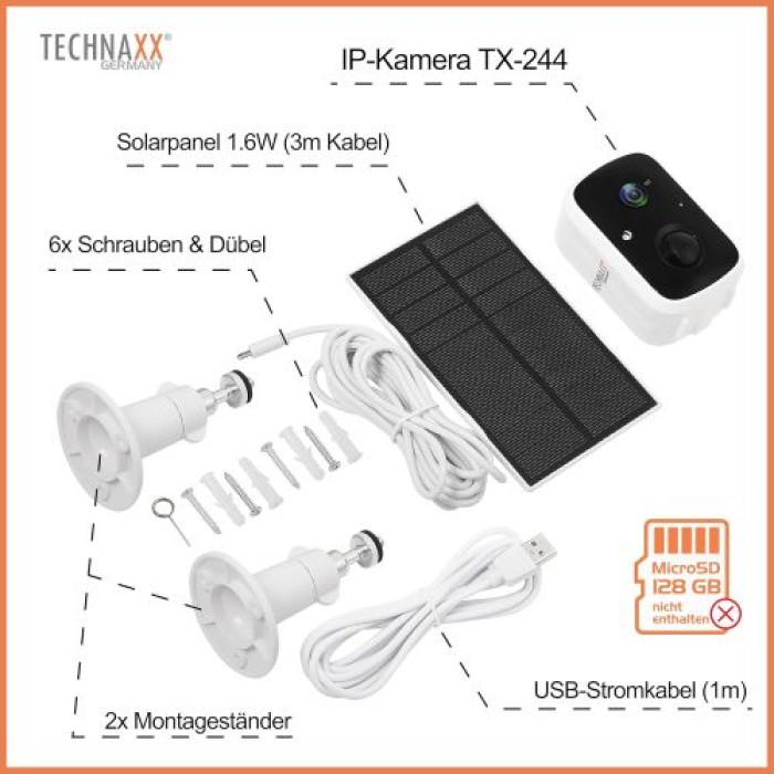 Technaxx Solar Outdoor IP-Kamera, mit Bewegungsmelder & eingebauter Batterie, IP65, Nachtsicht, Betrachtungswinkel 110°, 5070