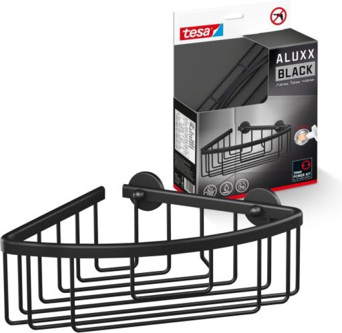 tesa ALUXX BLACK Eck-Duschablage, mattschwarz, für Dusche und Badewanne, 40505-00000-00