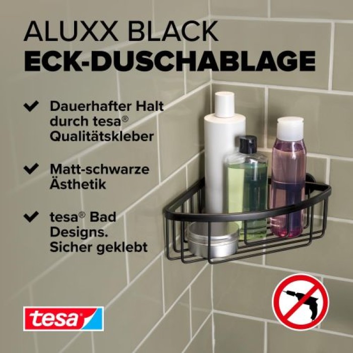 tesa ALUXX BLACK Eck-Duschablage, mattschwarz, für Dusche und Badewanne, 40505-00000-00