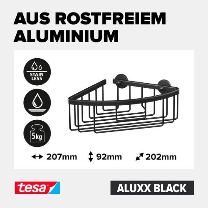 tesa ALUXX BLACK Eck-Duschablage, mattschwarz, für Dusche und Badewanne, 40505-00000-00