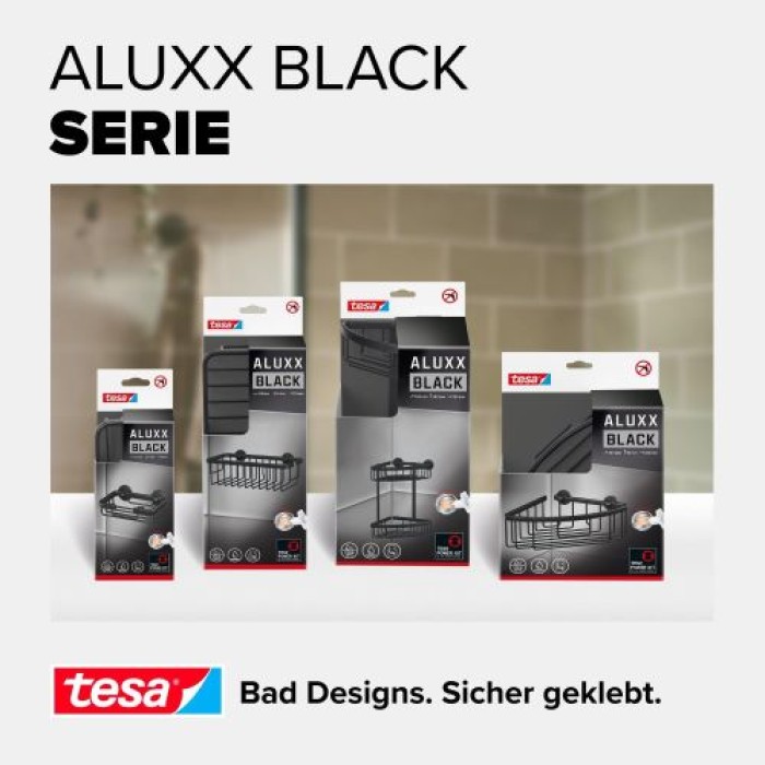 tesa ALUXX BLACK Eck-Duschablage, mattschwarz, für Dusche und Badewanne, 40505-00000-00