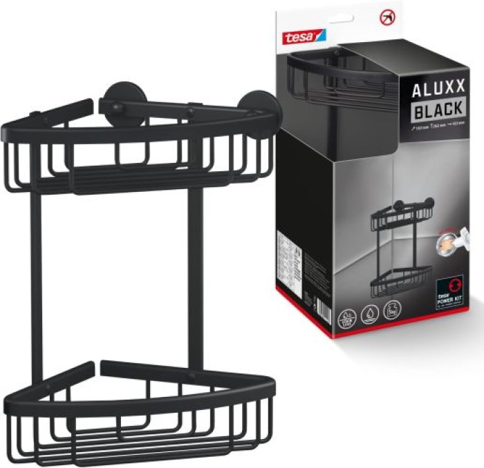 tesa ALUXX BLACK Eck-Duschkorb, zweistöckig, mattschwarz, für Dusche und Badewanne, 40507-00000-00