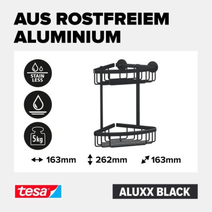 tesa ALUXX BLACK Eck-Duschkorb, zweistöckig, mattschwarz, für Dusche und Badewanne, 40507-00000-00