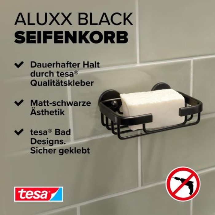 tesa ALUXX BLACK Seifenkorb, mattschwarz, für Dusche und Badewanne, 40508-00000-00