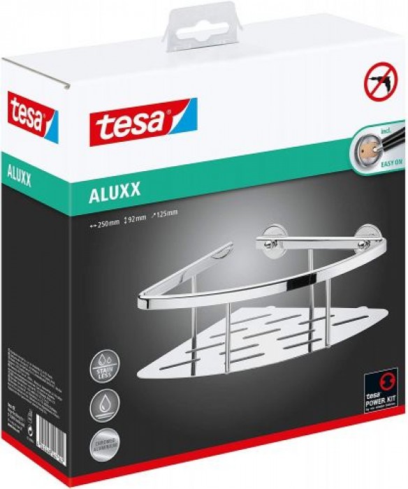 tesa ALUXX Eckablage für die Dusche, Aluminium, verchromt, rostfrei, inkl. Klebelösung, tiefer Boden 40203-00000-00