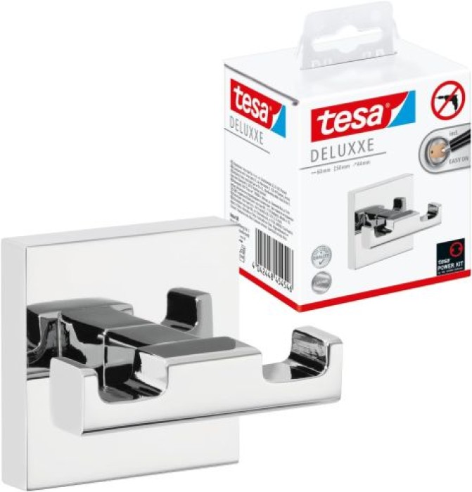 tesa DELUXXE Garderobenhaken doppelt, Metall, verchromt, inkl. Klebelösung, 40405-00000-00