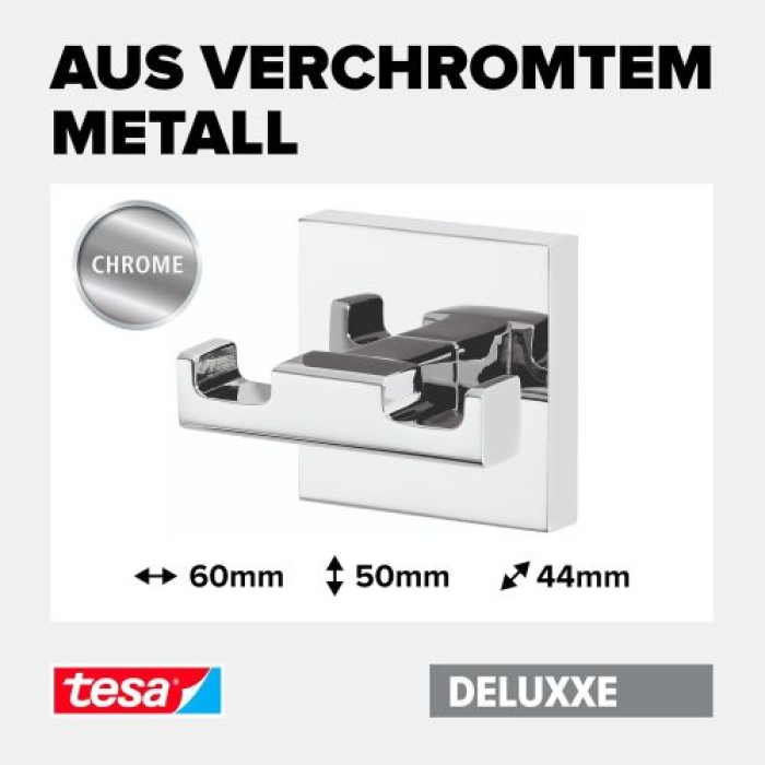 tesa DELUXXE Garderobenhaken doppelt, Metall, verchromt, inkl. Klebelösung, 40405-00000-00