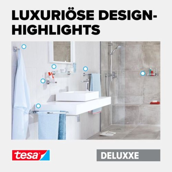 tesa DELUXXE Garderobenhaken doppelt, Metall, verchromt, inkl. Klebelösung, 40405-00000-00