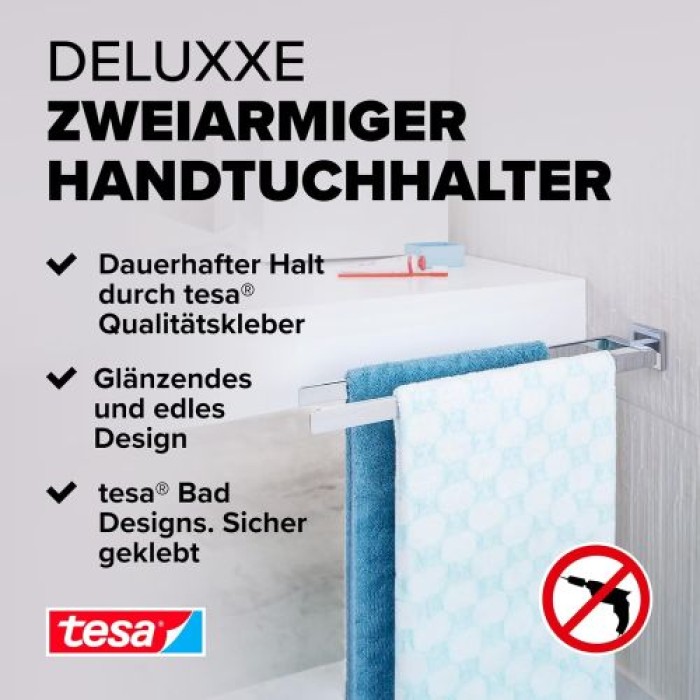 tesa DELUXXE Handtuchhalter, 2 Arme, inkl. Klebelösung, 72mm x 50mm x 450mm, 40403-00000-00