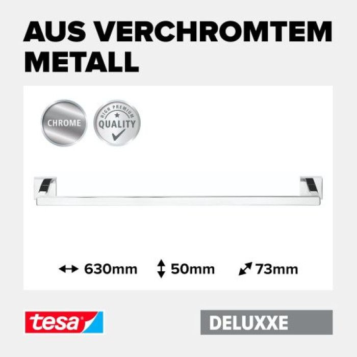 tesa DELUXXE Handtuchstange, Metall, verchromt, inkl. Klebelösung, 630mm x 50mm x 73mm, 40406-00000-00