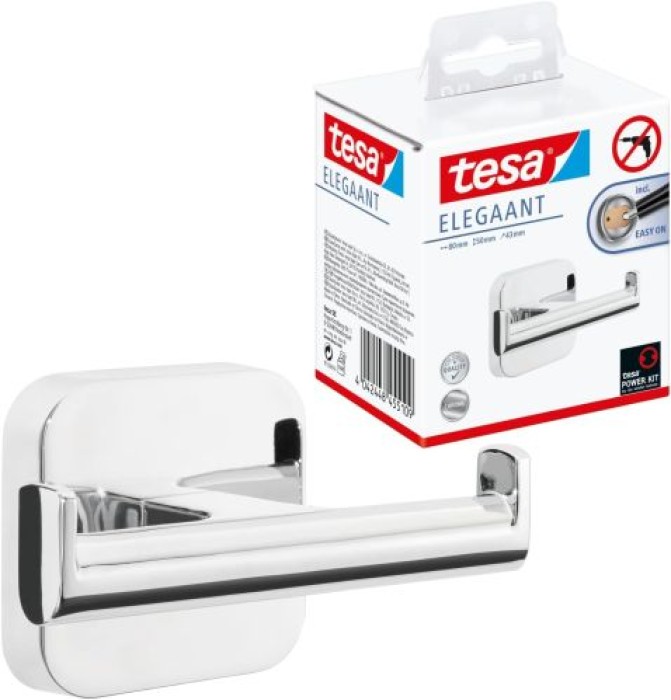 tesa ELEGAANT Design-Haken doppelt, Metall, verchromt, inkl. Klebelösung, 40435-00000-00