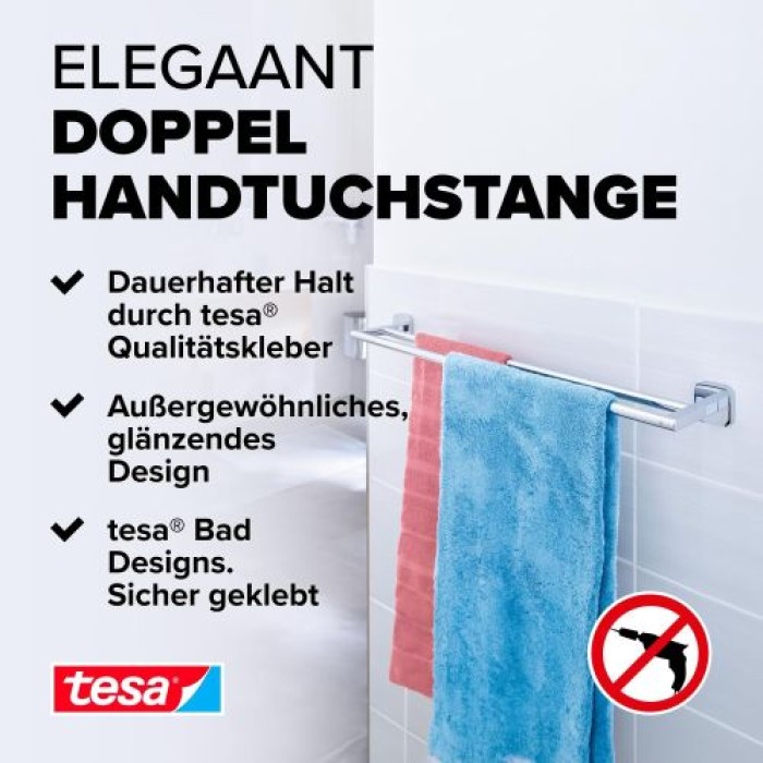 tesa Elegaant Doppelte Handtuchstange, Metall, verchromt, Klebelösung, 50mm x 630mm x 113mm, 40437-00000-00