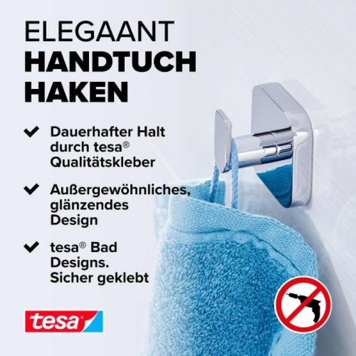 tesa ELEGAANT Handtuchhaken, Metall, verchromt, inkl. Klebelösung, 40434-00000-00