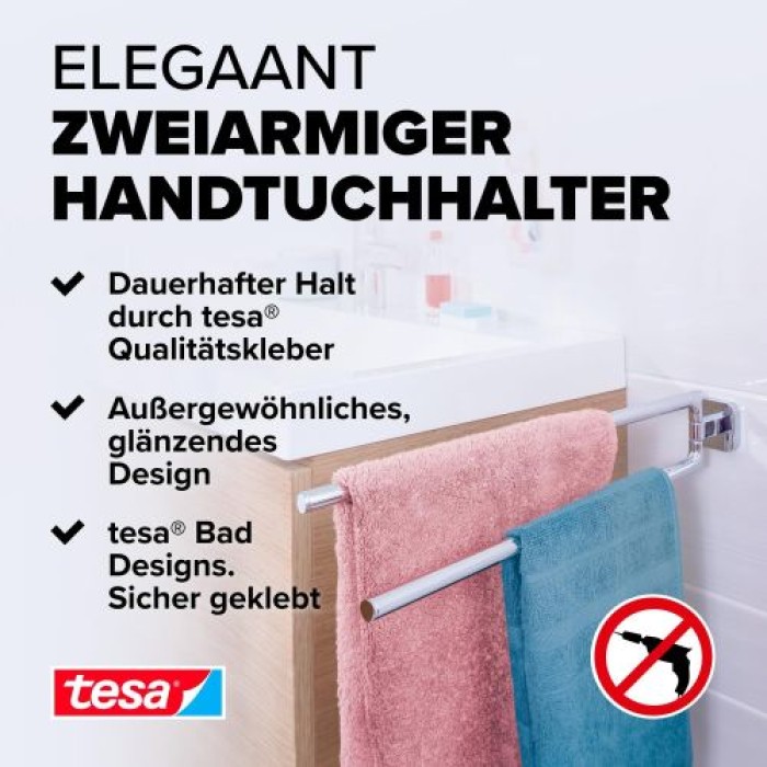 tesa ELEGAANT Handtuchhalter, 2-armig, Metall, verchromt, Klebelösung, 40432-00000-00