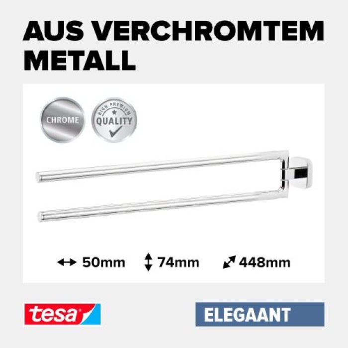 tesa ELEGAANT Handtuchhalter, 2-armig, Metall, verchromt, Klebelösung, 40432-00000-00