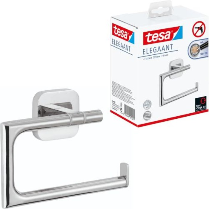 tesa ELEGAANT Toilettenpapierhalter, ohne Deckel, Metall, verchromt, inkl. Klebelösung, 40428-00000-00