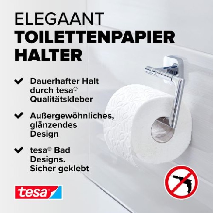 tesa ELEGAANT Toilettenpapierhalter, ohne Deckel, Metall, verchromt, inkl. Klebelösung, 40428-00000-00