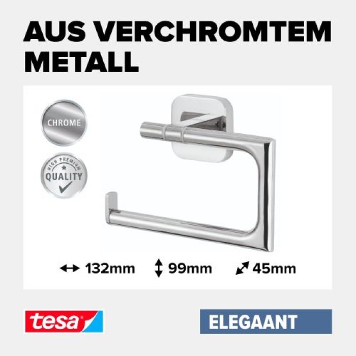 tesa ELEGAANT Toilettenpapierhalter, ohne Deckel, Metall, verchromt, inkl. Klebelösung, 40428-00000-00