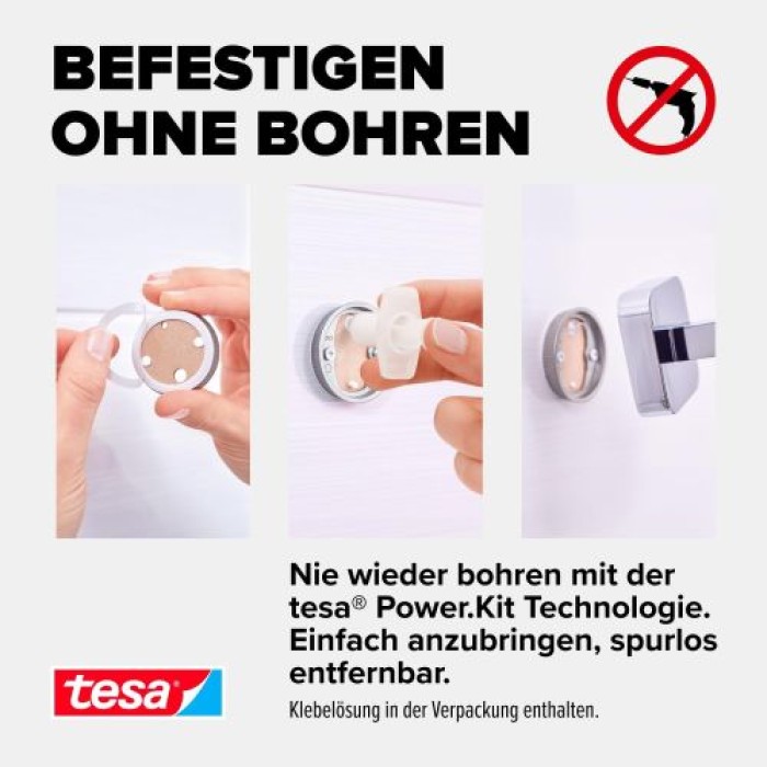 tesa ELEGAANT Toilettenpapierhalter, ohne Deckel, Metall, verchromt, inkl. Klebelösung, 40428-00000-00
