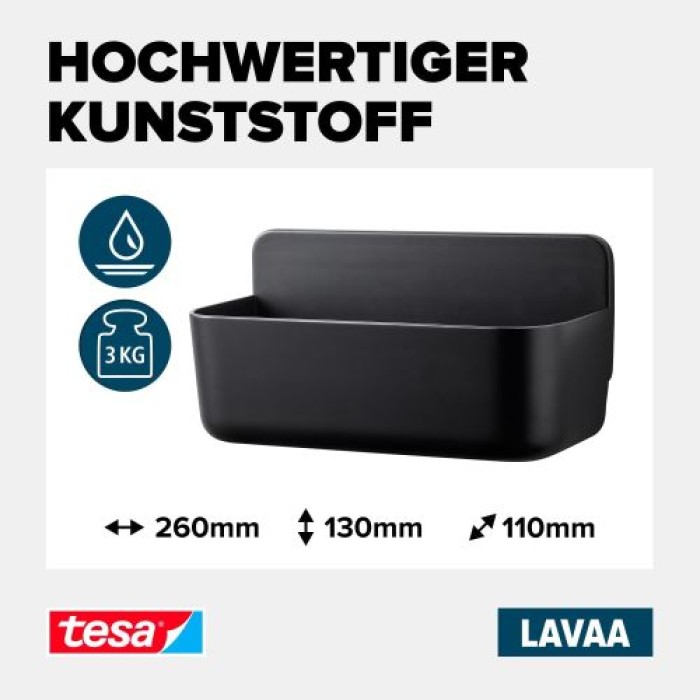 tesa LAVAA Duschkorb mittelgroß, mattschwarz, elegant, praktisch, platzsparend, 40516-00000-00