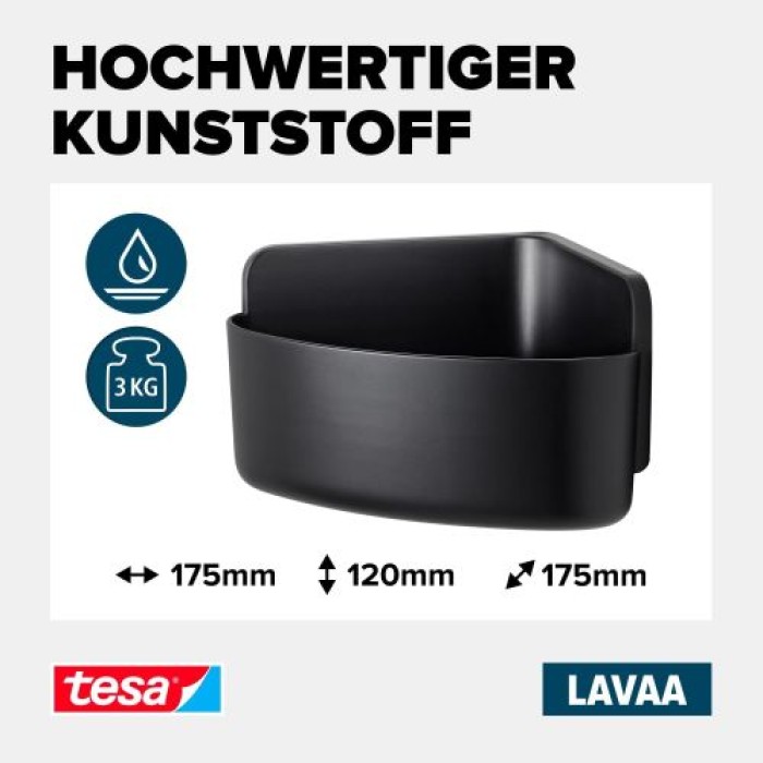 tesa LAVAA Eck-Duschkorb klein, mattschwarz, stilvoll, praktisch, platzsparend, 40517-00000-00