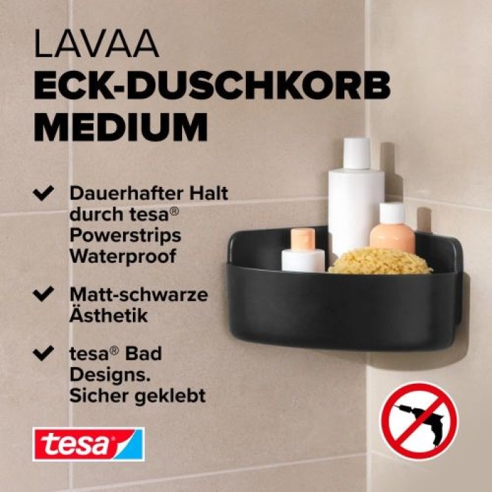 tesa LAVAA Eck-Duschkorb, mattschwarz, elegant, praktisch, platzsparend, 40518-00000-00