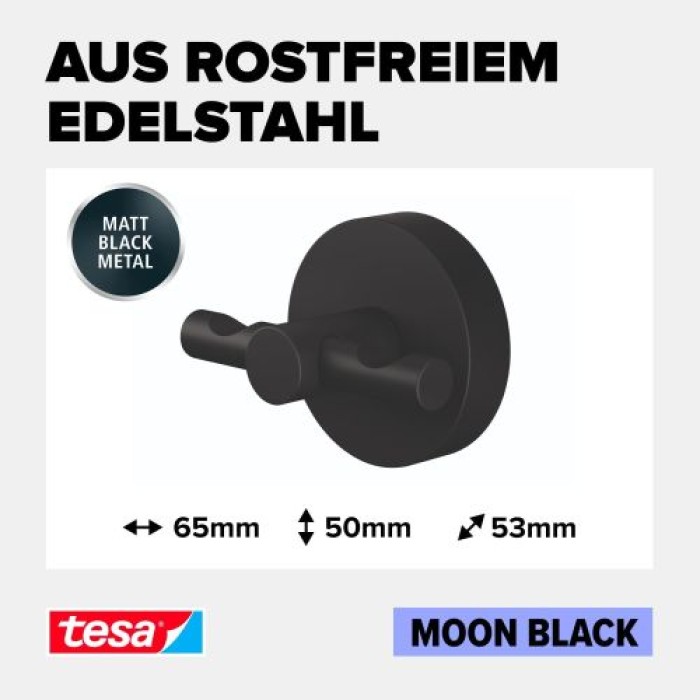 tesa MOON BLACK Bademantelhaken, schwarz matt, inkl. Klebelösung, 40564-00000-00