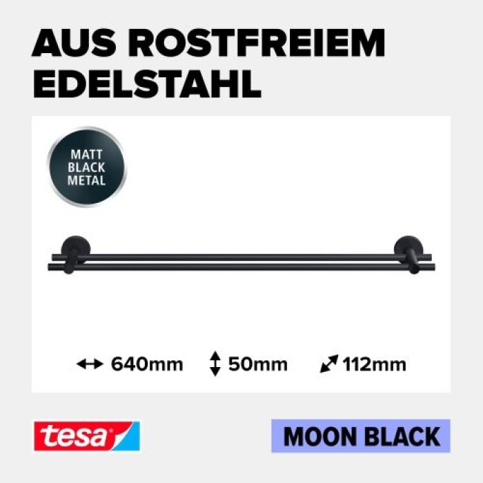 tesa MOON BLACK Doppel-Handtuchstange, matt schwarz, inkl. Klebelösung, 112 mm x 640 mm x 50 mm, 40621-00000-00