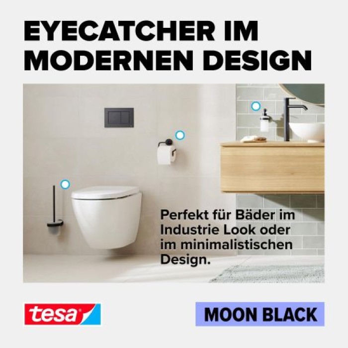 tesa MOON BLACK Doppel-Handtuchstange, matt schwarz, inkl. Klebelösung, 112 mm x 640 mm x 50 mm, 40621-00000-00