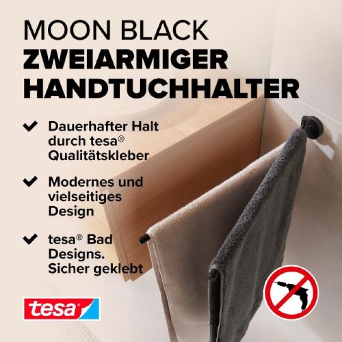 tesa MOON BLACK Handtuchhalter 2-armig, schwarz matt, inkl. Klebelösung, 84 mm x 50 mm x 456 mm, 40562-00000-00