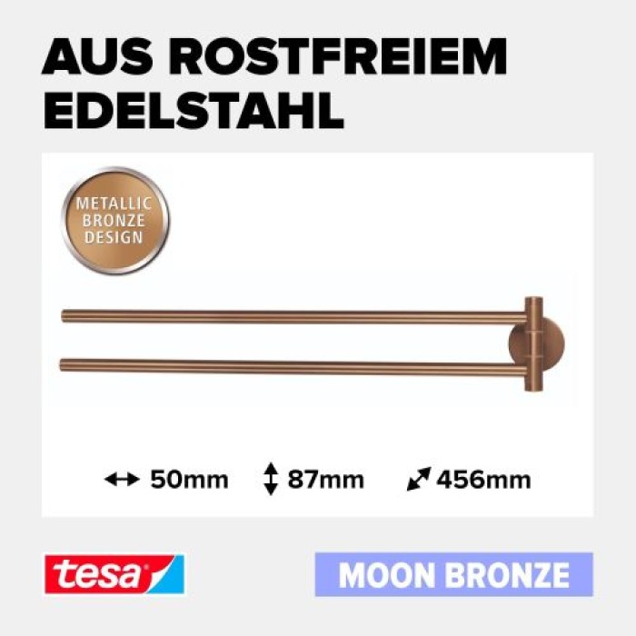 tesa MOON Bronze Zweiarmiger Handtuchhalter, selbstklebend, Metall PVD-beschichtet, 40602-00000-00
