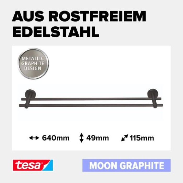 tesa MOON Graphite Doppelter Handtuchhalter, selbstklebend, Metall PVD beschichtet, 49mm x 640mm x 115mm, 40595-00000-00