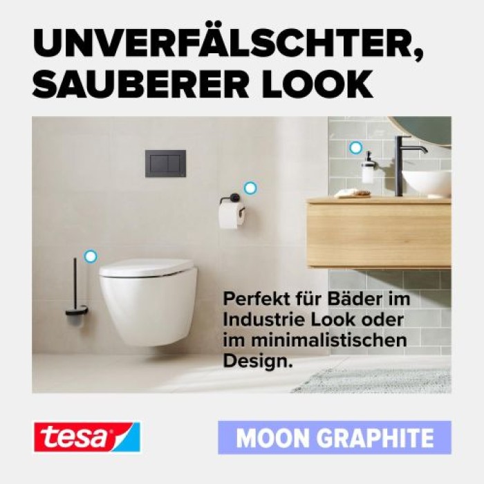 tesa MOON Graphite Doppelter Handtuchhalter, selbstklebend, Metall PVD beschichtet, 49mm x 640mm x 115mm, 40595-00000-00