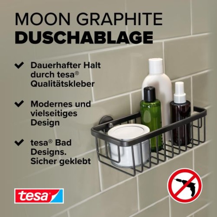 tesa MOON Graphite Duschkorb, selbstklebend, Metall PVD beschichtet, 40596-00000-00