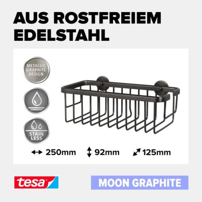 tesa MOON Graphite Duschkorb, selbstklebend, Metall PVD beschichtet, 40596-00000-00
