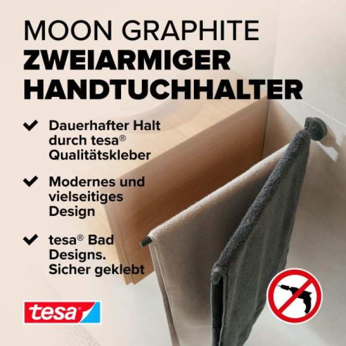 tesa MOON Graphite Zweiarmiger Handtuchhalter, selbstklebend, Metall PVD beschichtet, 40592-00000-00